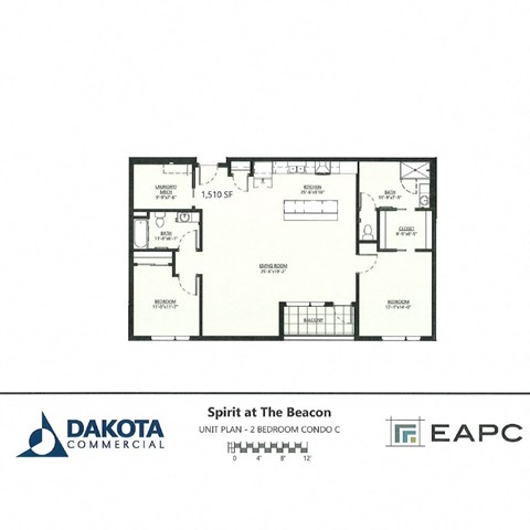 Floor plan for 2 beds, 2 baths, 1510 sqft